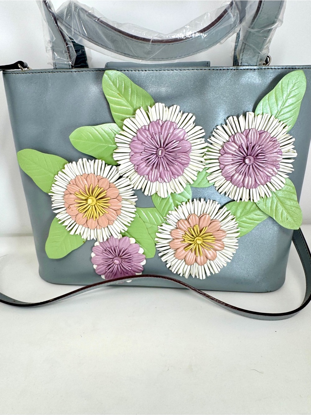 Floral Applique Tote Bag - Gray with Pastel Flower Accents